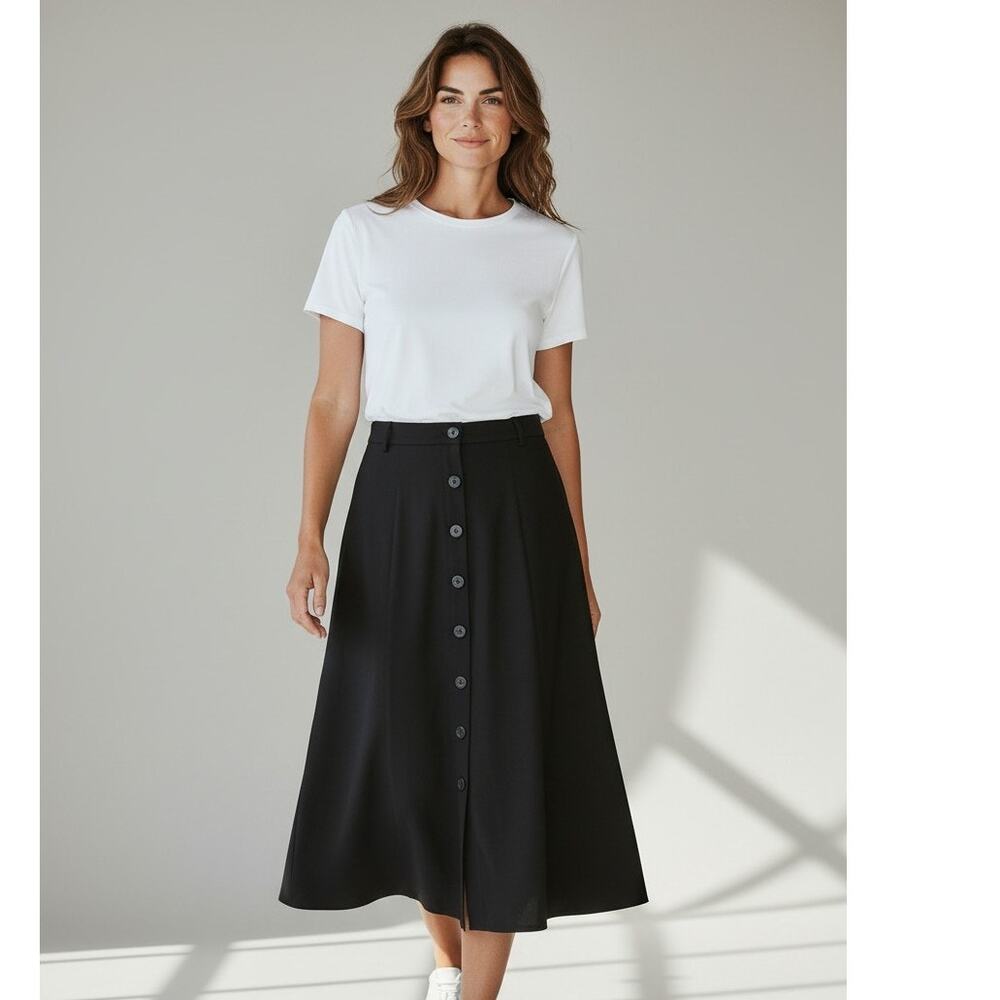 Skirt 12 J.Jill 100% Wool Black Button Front A-line Midi Minimalist Capsule
